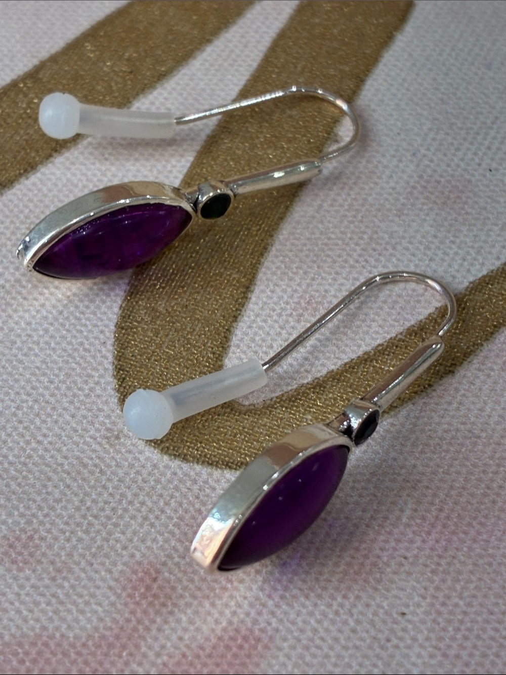 Silver Drop Earrings with Purple Marquise Look Stone